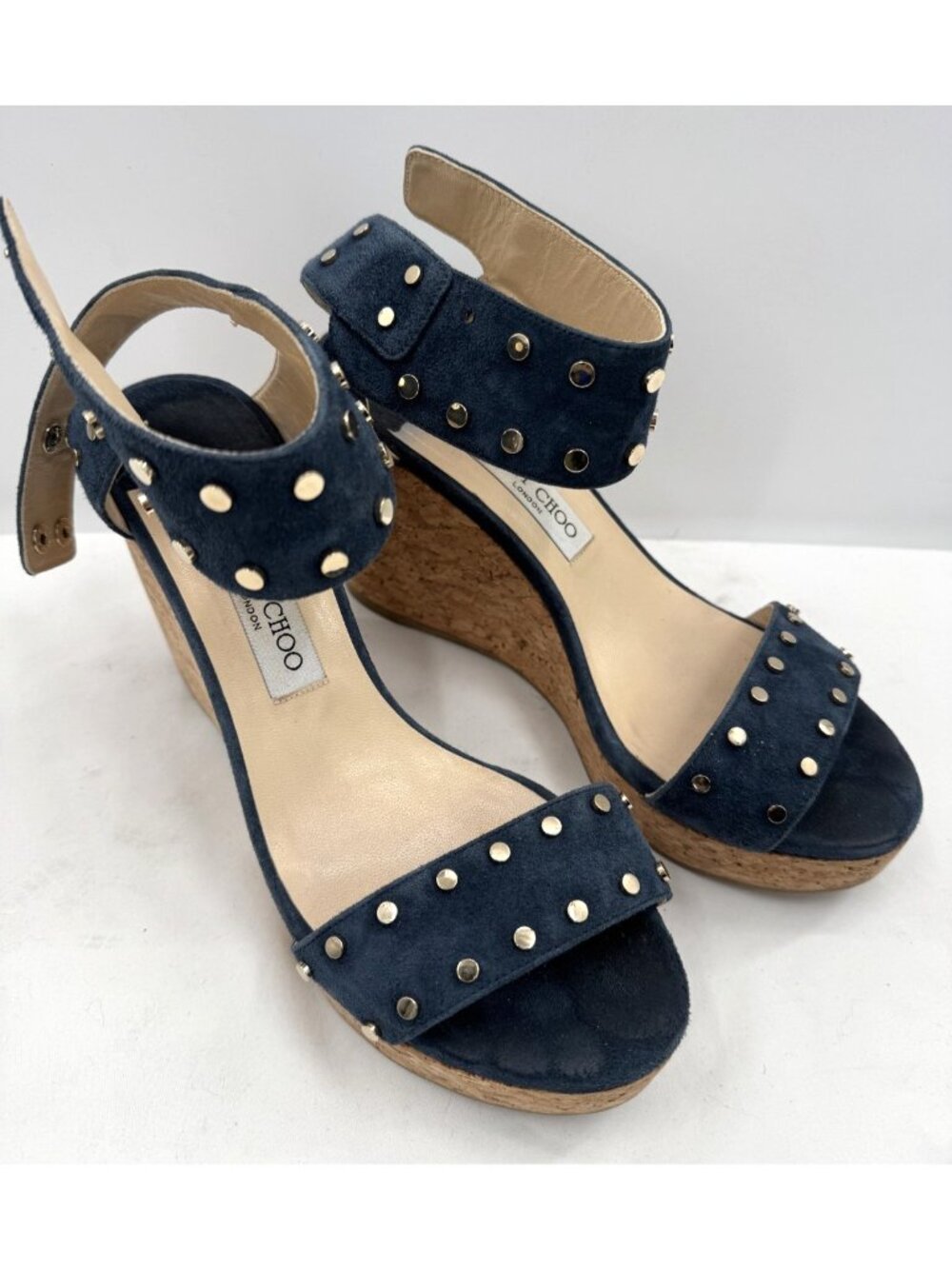 JIMMY CHOO Dark Navy Suede Studded Cork Nelly Wedge Sandals Heels Shoes Sz 41.5 - Picture 2 of 16